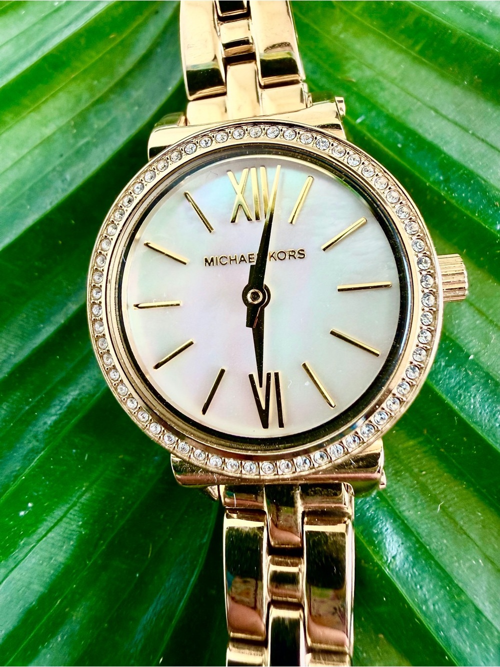 Michael Kors Gold-Tone Crystal Bezel Watch with Mother-of-Pearl Dial